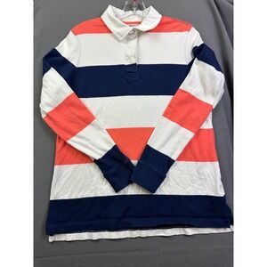 Lands End Boys Medium 10-12 Rugby Shirt‎ Long Sleeve Striped Navy Coral White